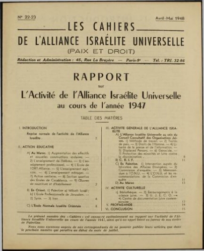 Les Cahiers de l'Alliance Israélite Universelle (Paix et Droit).  N°22-23 (01 avr. 1948)